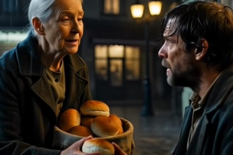 An elderly woman shared her last bread roll with a homeless man… a week later, luxury SUVs lined her street.