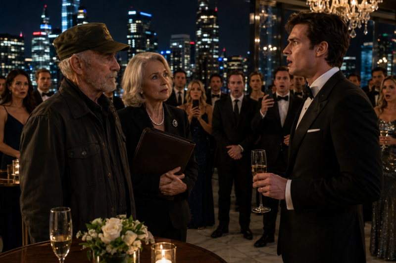 The rooftop gala glittered above the city like a world built only for the rich.